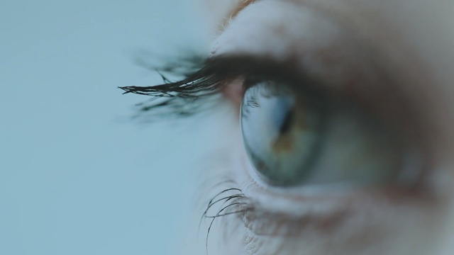 Video Reference: face, blue, eyebrow, eye, eyelash, nose, close up, macro photography, sky, human body