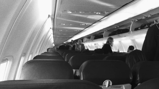 Video Reference: Air travel, Airline, Passenger, Vehicle, Airplane, Aircraft cabin, Black-and-white, Monochrome, Airliner, Photography