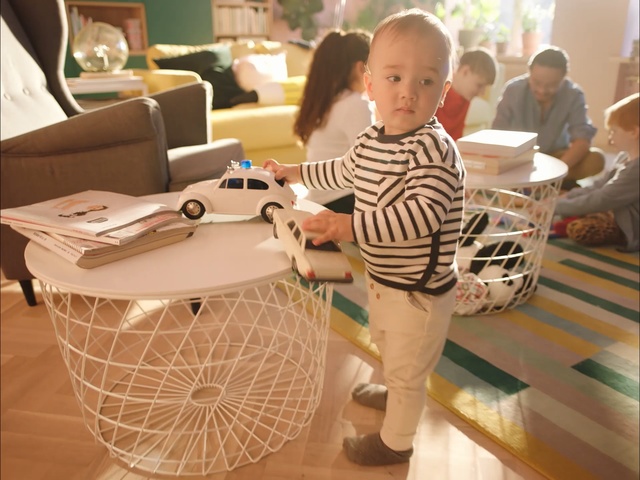 Video Reference: Child, Basket, Table, Furniture, Toddler, Play, Person