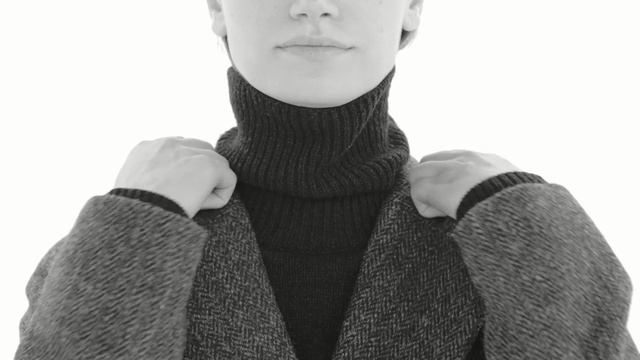 Video Reference: black and white, neck, scarf, monochrome photography, shoulder, woolen, photography, outerwear, gentleman, monochrome