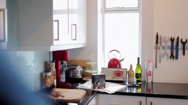 Video Reference: Room, Kitchen, Property, Furniture, Countertop, Interior design, Home, Material property, House, Cabinetry