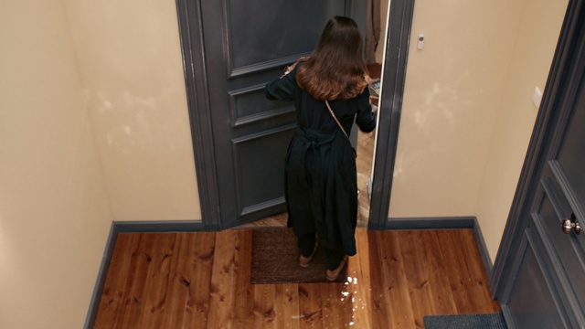 Video Reference: room, shoulder, dress, floor, flooring, outerwear, girl, textile, wood, house