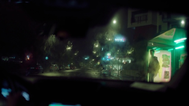 Video Reference: Green, Black, Night, Darkness, Light, Mode of transport, Windshield, Lighting, Auto part, Midnight