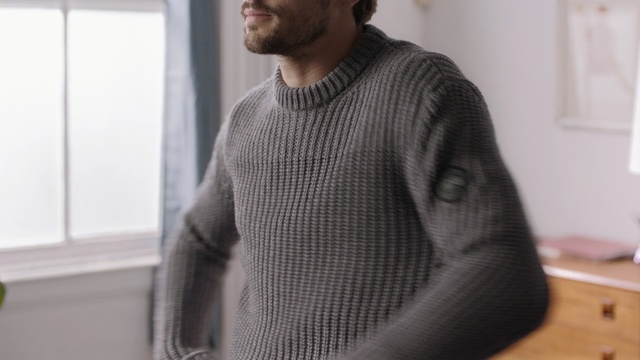 Video Reference: sweater, outerwear, sleeve, shoulder, textile, neck, knitting, top, woolen, wool
