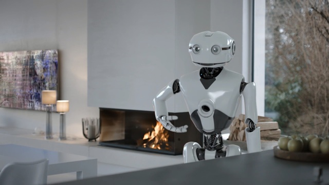 Video Reference: Robot, Technology, Machine, Design, Room, Interior design, Toy, Fictional character, Art