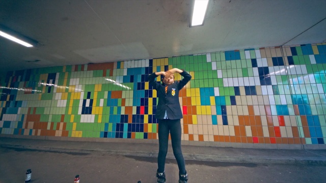 Video Reference: blue, wall, art, mural, fun, design, street art, space, Person