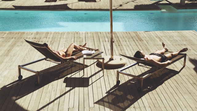 Video Reference: Sunlounger, Outdoor furniture, Leisure, Chaise longue, Furniture, Table, Hammock, Swimming pool, Room, Wood