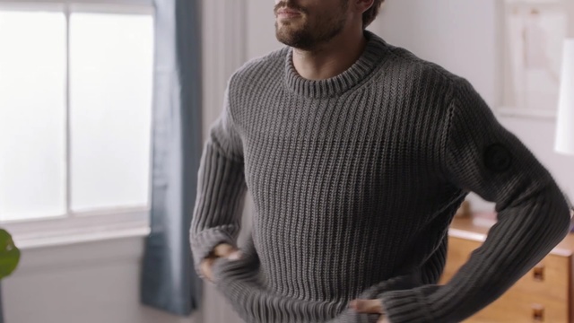 Video Reference: sweater, shoulder, outerwear, sleeve, neck, textile, top, knitting, woolen, wool