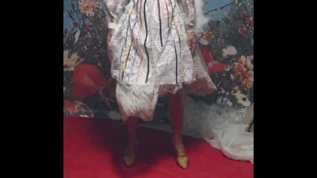 Video Reference: Dress, Red, Clothing, Fashion, Footwear, Leg, Textile, Art, Human leg, Formal wear