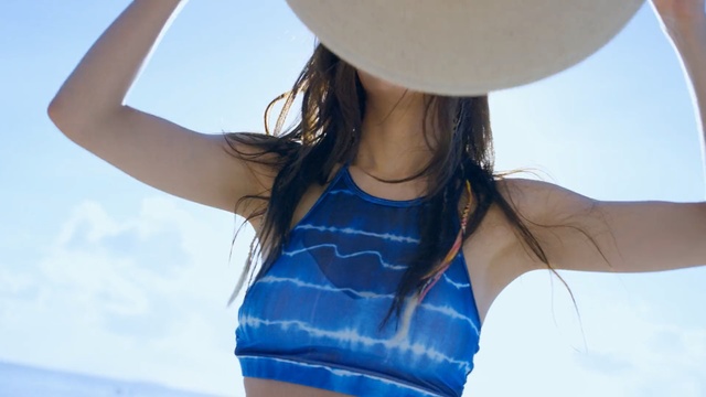 Video Reference: blue, shoulder, sky, girl, fun, arm, summer, black hair, swimwear, long hair