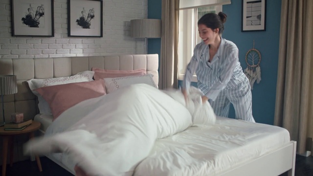 Video Reference: Bed, Bed sheet, Bedroom, Room, Furniture, Bedding, Mattress, Bed frame, Comfort, Textile