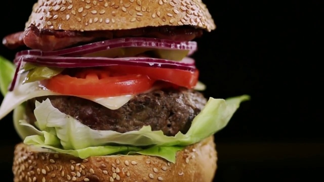 Video Reference: Food, Hamburger, Buffalo burger, Dish, Veggie burger, Cuisine, Cheeseburger, Junk food, Burger king premium burgers, Patty