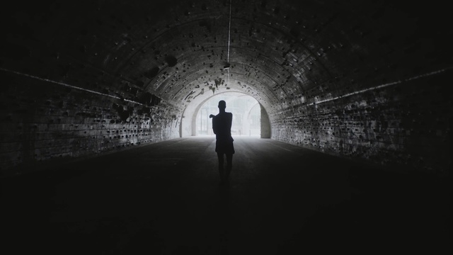 Video Reference: black, tunnel, black and white, infrastructure, monochrome photography, darkness, light, atmosphere, photography, architecture, Person