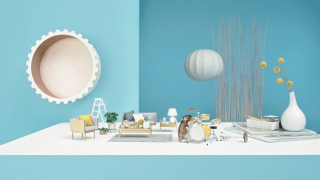 Video Reference: Blue, Turquoise, Yellow, Room, Azure, Design, Table, Interior design, Furniture, Dining room, Person