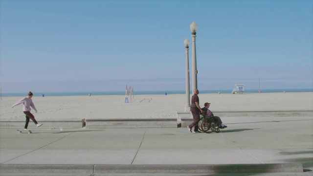 Video Reference: Beach, Vacation, Sea, Vehicle, Walkway, Boardwalk, Coast, Tourism, Sand, Ocean