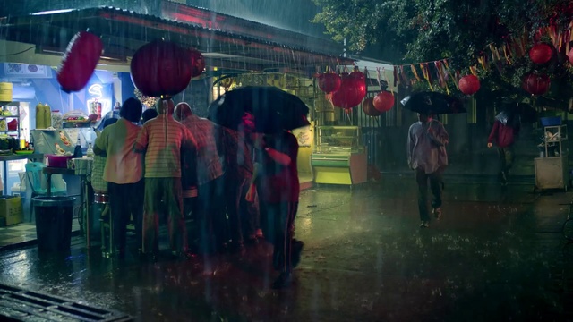 Video Reference: Public space, Crowd, Umbrella, Temple, Rain, Event, Market, Night, Magenta, Evening
