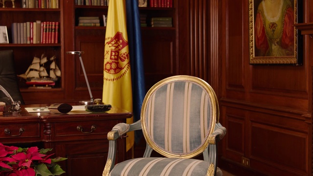 Video Reference: Room, Red, Chair, Furniture, Curtain, Classic, Interior design, House, Textile, Antique