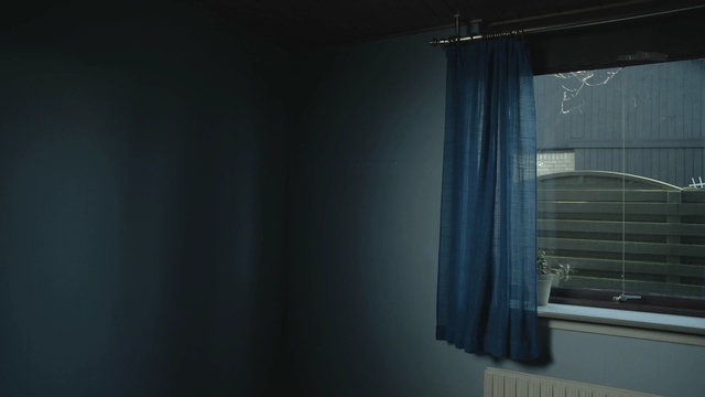 Video Reference: Blue, Curtain, Window treatment, Interior design, Window covering, Textile, Room, Turquoise, Wall, Window