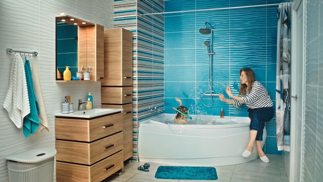 Video Reference: Bathroom, Aqua, Blue, Turquoise, Room, Tile, Property, Azure, Interior design, Turquoise