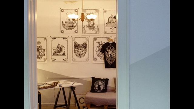 Video Reference: Room, Interior design, Art, Furniture, Picture frame, Illustration, Collection, Visual arts, Table, Black-and-white