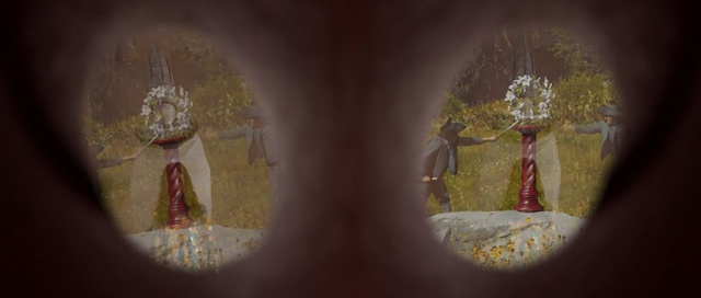 Video Reference: Art, Visual arts, Illustration, Still life photography, Fictional character, Person, Looking, Table, Front, Sitting, Food, Mirror, Half, Glass, Holding, Vase, Man, Cake, Red, Old, Woman, Plate, Tree, Fog