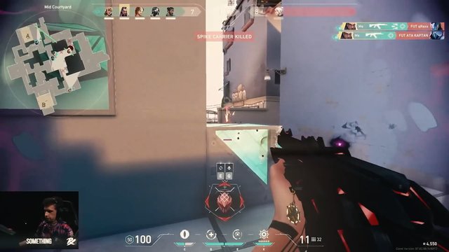 Video Reference: video game, first person, shooter, HUD, minimap, kill feed, gameplay, aiming, corner peek, competitive, streaming, facecam, weapon, esports, interface, Valorant