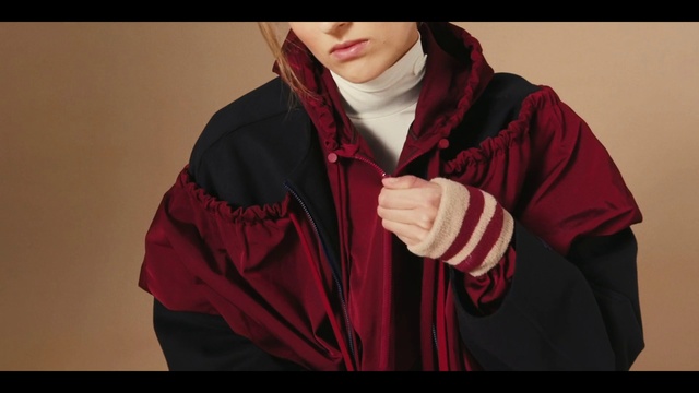 Video Reference: Clothing, Outerwear, Red, Jacket, Hoodie, Hood, Maroon, Scarf, Sleeve, Fashion accessory
