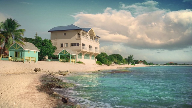 Video Reference: villa, water, landscape, shore, river, vacation, ocean, sky, beach, sea, coast, travel, tree, summer, lake, house, resort, island, building, Person