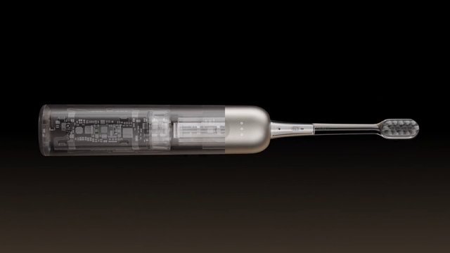 Video Reference: electric toothbrush, toothbrush, oral care, hygiene, personal care, product shot, isolated, dark background, transparent design, device, battery-powered, brush head, electronics, clean design