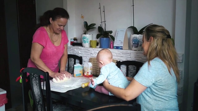 Video Reference: Child, Mother, Person, Indoor, Table, Woman, Kitchen, Girl, Sitting, Young, Food, Little, Preparing, Small, Looking, Front, Standing, Birthday, Baby, Holding, Cooking, Cake, Computer, Eating, Refrigerator, Pink, Playing, Stove, Man, Room, Dog, Water, Pizza, People, Toddler, Wall, Clothing, Human face, Bottle, Boy, Family