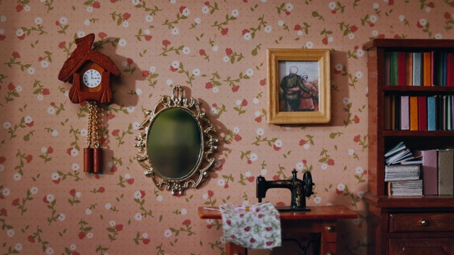 Video Reference: Wall, Room, Mirror, Pink, Wallpaper, Furniture, House, Clock, Interior design, Home