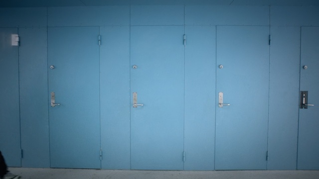 Video Reference: Blue, Green, Turquoise, Wall, Line, Door, Room, Architecture, Wood, Floor