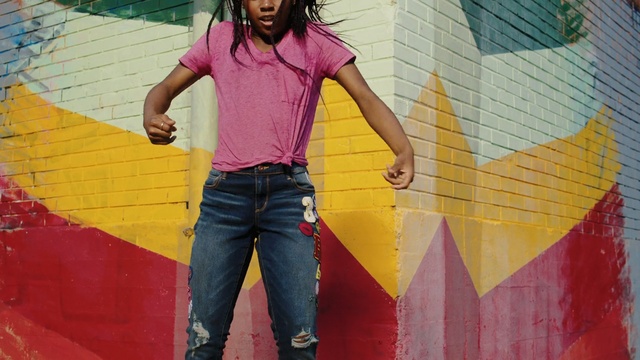 Video Reference: Pink, Jeans, Denim, Yellow, Cool, Fun, Standing, Mural, Textile, Leisure, Person