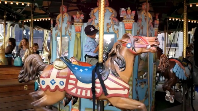 Video Reference: Carousel, Amusement ride, Amusement park, Recreation, Park, Fun, Nonbuilding structure, Horse, Horse tack, Person