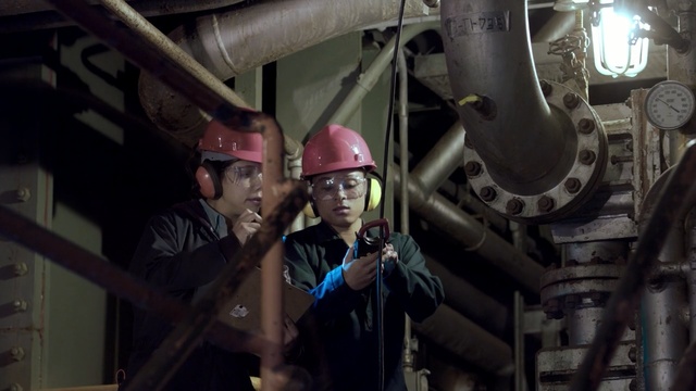 Video Reference: man, woman, glasses, light, industrial, fabric, work, check, lamp, tube, Person