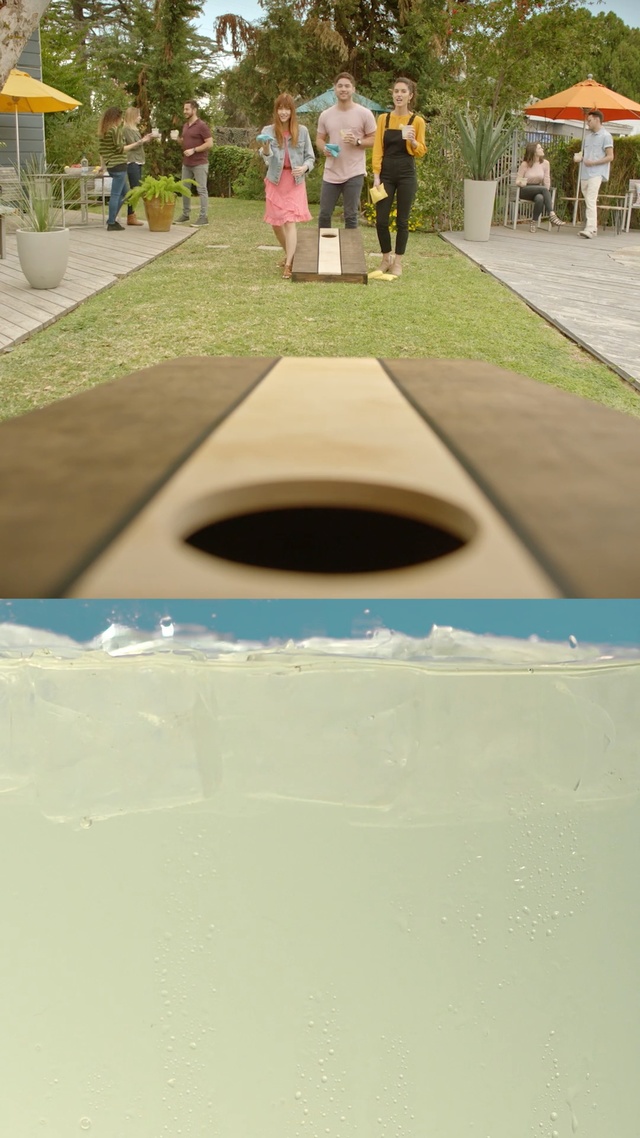 Video Reference: green, leisure, water, vacation, fun, backyard, grass, recreation, play, furniture, Person