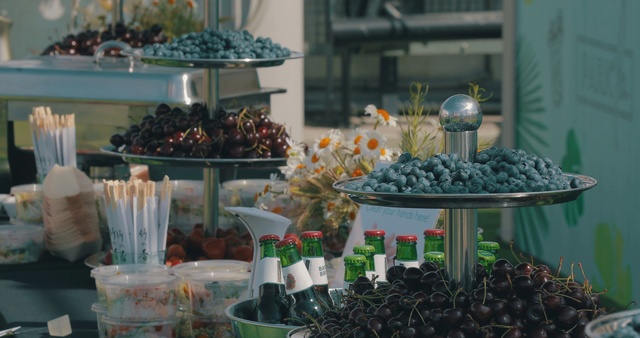 Video Reference: Natural foods, Plant, Food, Whole food, Local food, Fruit, Table, Building, Counter, Woman, Sitting, Plate, Filled, Standing, Many, People, Bunch, Different, Green, Several, Group, Kitchen, Man, Holding, Computer, White, Bowl, Large, Display, Sink, Room, Sandwich, Vase, Flower, Christmas tree, Decoration, Cluttered