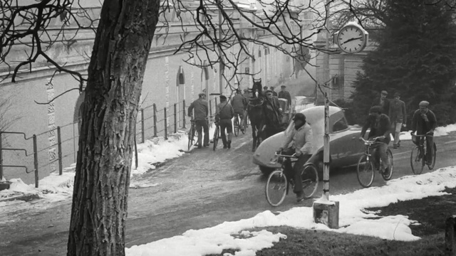 Video Reference: snow, winter, black and white, tree, freezing, monochrome photography, car, monochrome, street, motor vehicle, Person
