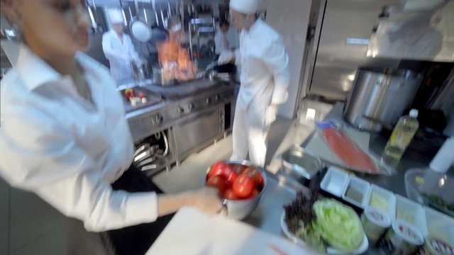 Video Reference: cook, chef, food, cuisine, service, food processing, cooking, chief cook, dish, Person