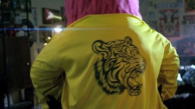 Video Reference: Yellow, Clothing, T-shirt, Sleeve, Outerwear, Felidae, Jacket, Top