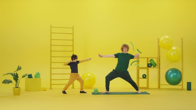 Video Reference: Yellow, Standing, Physical fitness, Joint, Arm, Shoulder, Balance, Fun, Pilates, Aerobics