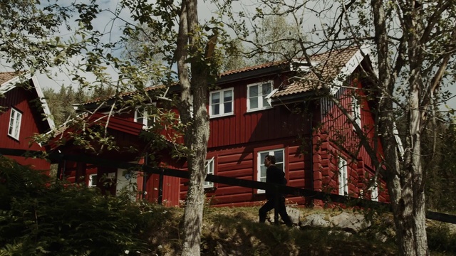 Video Reference: House, Home, Property, Tree, Building, Cottage, Room, Architecture, Real estate, Plant, Outdoor, Snow, Grass, Covered, Small, Skiing, Red, Area, Forest, Sign, Man, Riding, Street, Old, Hill, Standing, Window, Sky, Residential, Wooded
