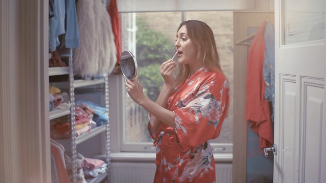 Video Reference: Red, Room, Textile, Window, Interior design, Curtain, Door, Long hair, Peach, Person