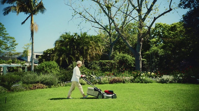 Video Reference: Lawn, Grass, Mower, Lawn mower, Green, Outdoor power equipment, Tree, Garden, Vehicle, Grass family