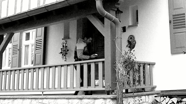 Video Reference: black and white, house, balcony, architecture, window, monochrome photography, facade, home, building, monochrome, Person