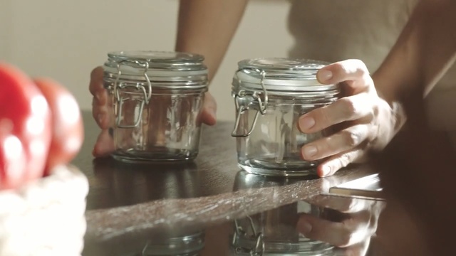 Video Reference: mason jar, tableware, drinkware, glass, canning, glass bottle, Person