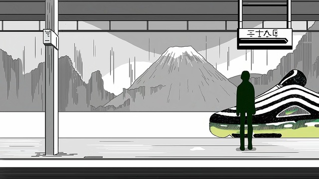 Video Reference: Line, Slope, Illustration, Architecture, Road, Street, Black-and-white, Fictional character, Intersection, Person