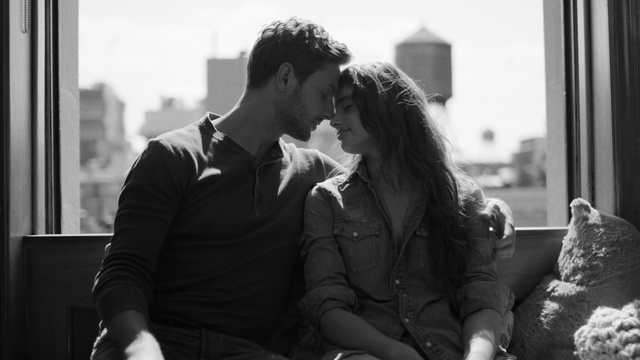 Video Reference: Photograph, Black, Black-and-white, Romance, Monochrome, Kiss, Interaction, Snapshot, Love, Monochrome photography, Person, Window, Building, Woman, Sitting, Man, Looking, Holding, Front, Phone, Young, Cellphone, Standing, Table, Girl, Train, Bus, White, Talking, Food, Cake, Luggage, Computer, People, Human face, Black and white, Smile, Clothing, Crowd