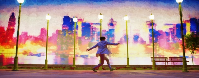 Video Reference: Sky, Purple, Painting, Art, City, Happy, World, Visual arts, Paint, Mural, Man, Riding, Game, Young, Wearing, Holding, Boy, Standing, Blue, Skiing, Woman, Shirt, Yellow, Street, Umbrella, Child art, Drawing, Person, Footwear, Dance, Colored