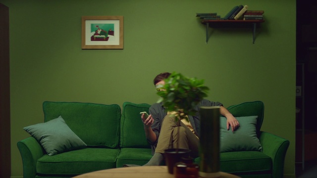 Video Reference: Green, Room, Couch, Furniture, Living room, Property, Interior design, Wall, Leaf, Table